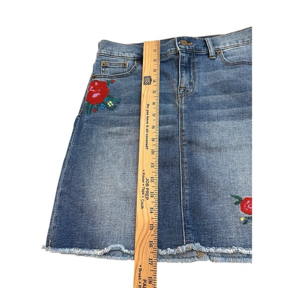 J Crew Floral Embroidered Denim Mini Skirt Raw Hem Fringe Size 2 Boho Y2K - Picture 6 of 7
